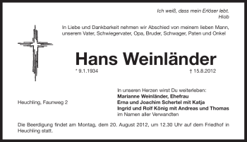 Traueranzeige von Hans Weinländer von Pegnitz-Zeitung
